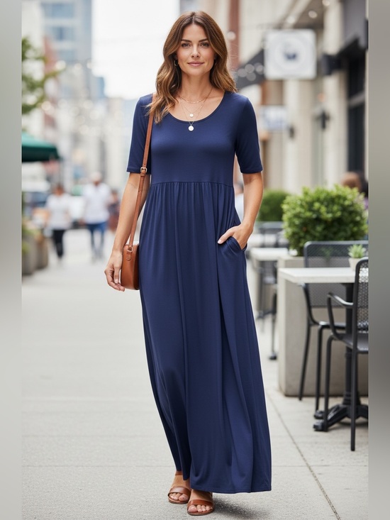 Zenana Outfitters Dresses & Skirts - Zenana Outfitters Navy Blue Extra Long Maxi Dress Large Pockets Stretch